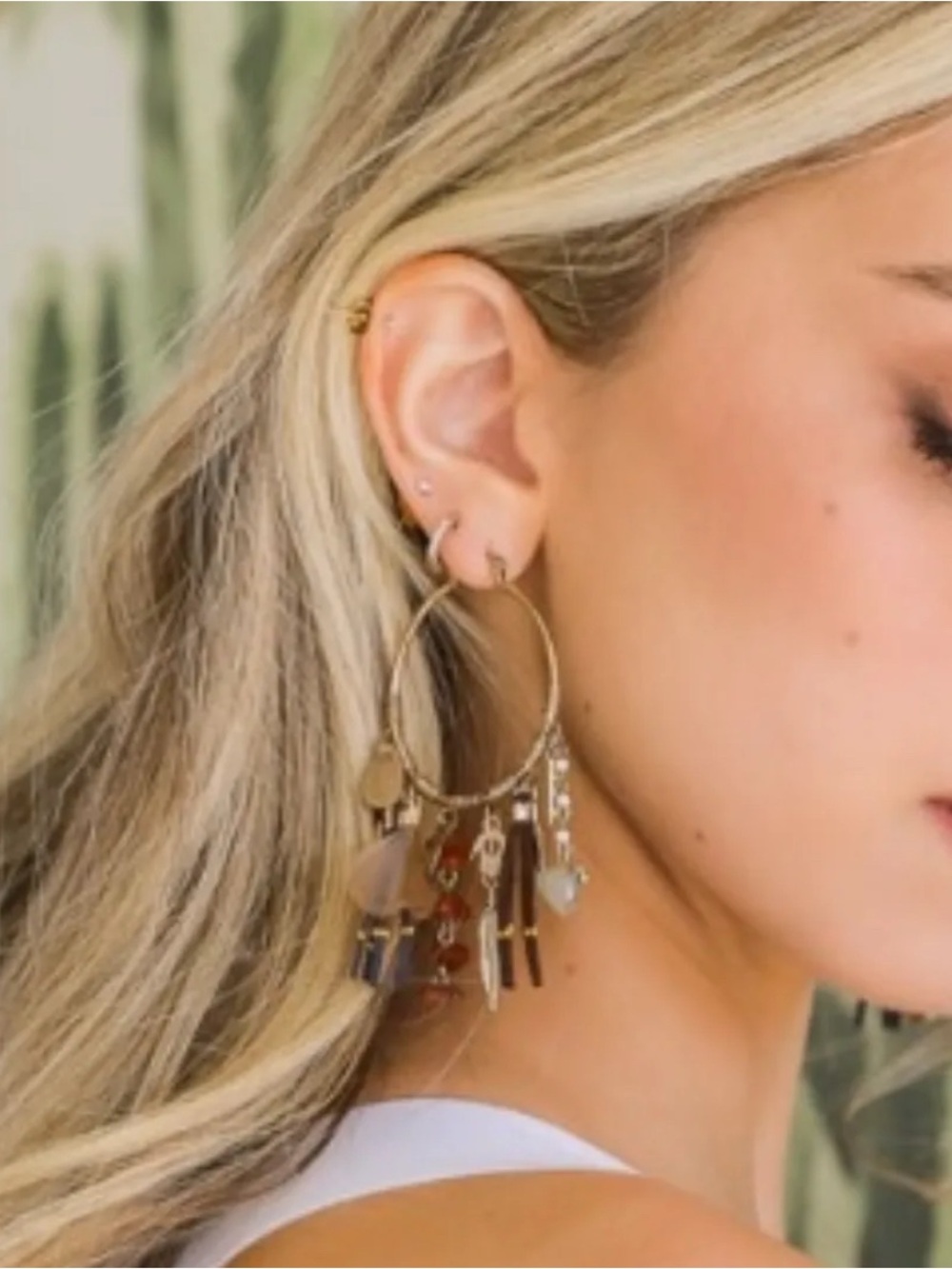 Carnelian + Jade Feather Fringe Boho Hoop Earrings